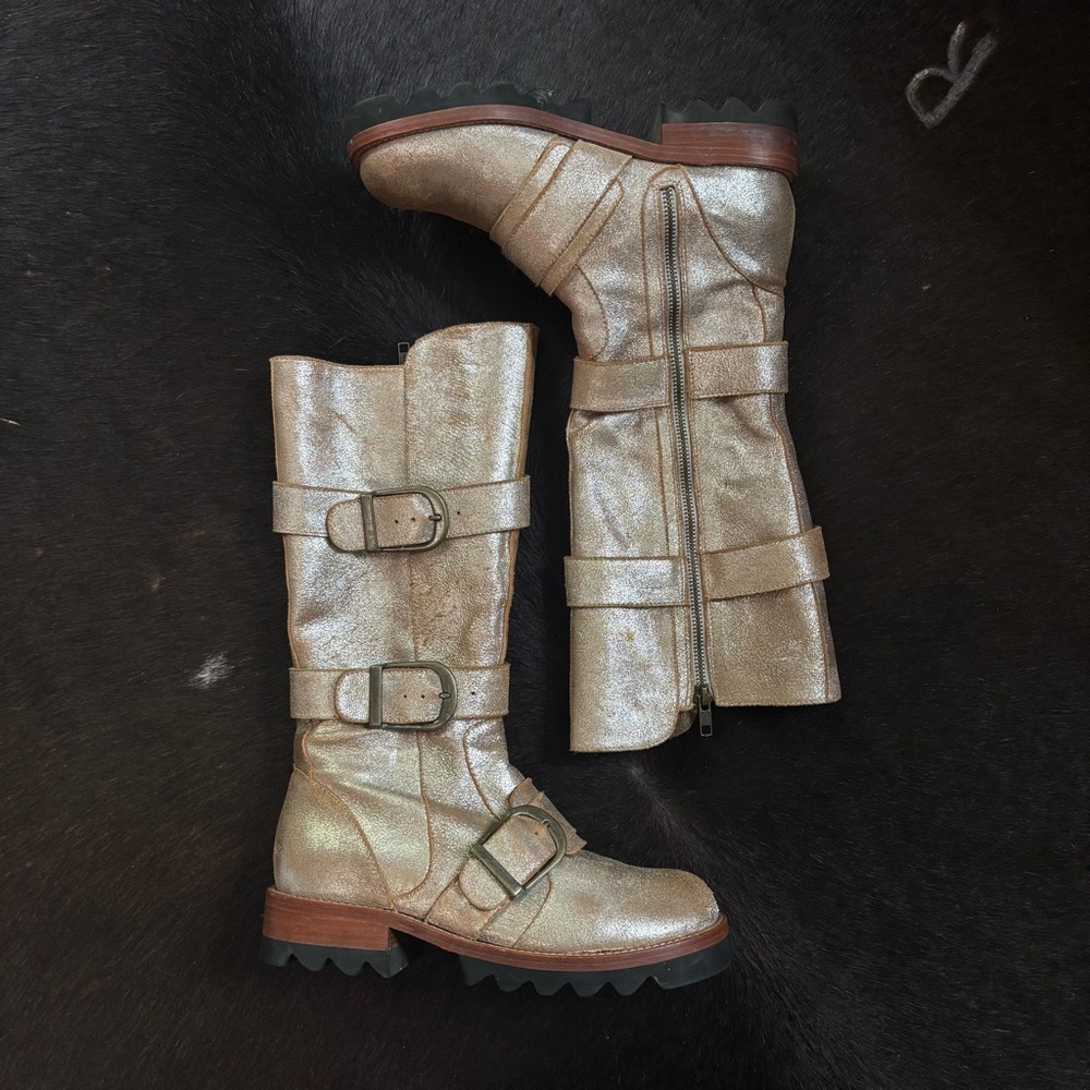 Jim Barnier Free People hand crafted metallic lug sole Engineer boots
